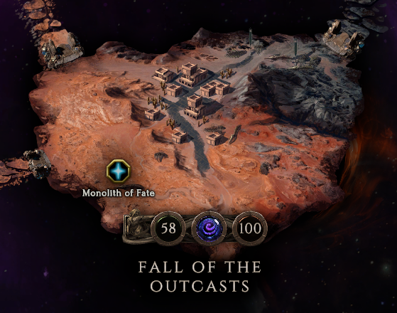 A screenshot of the highlighting the Fall of the Outcasts Timeline through the Monolith of Fate.