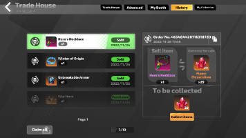 Trade House History UI with items sold